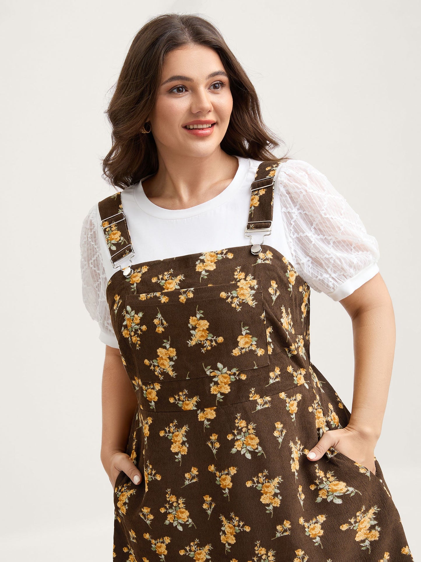 Floral Corduroy Pockets Overall Midi Dress