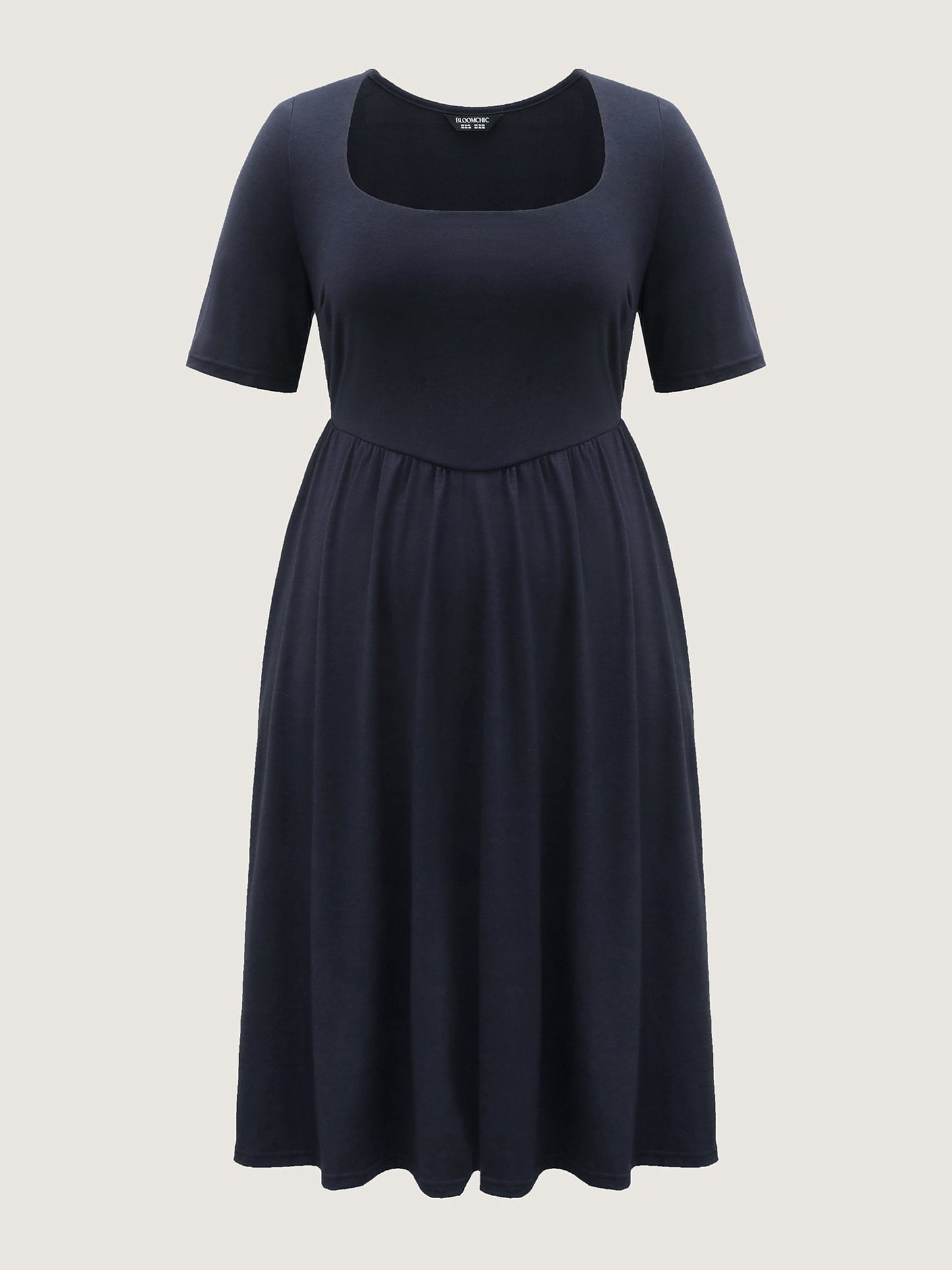 Scoop Neck Stretch Solid Pockets Midi Dress