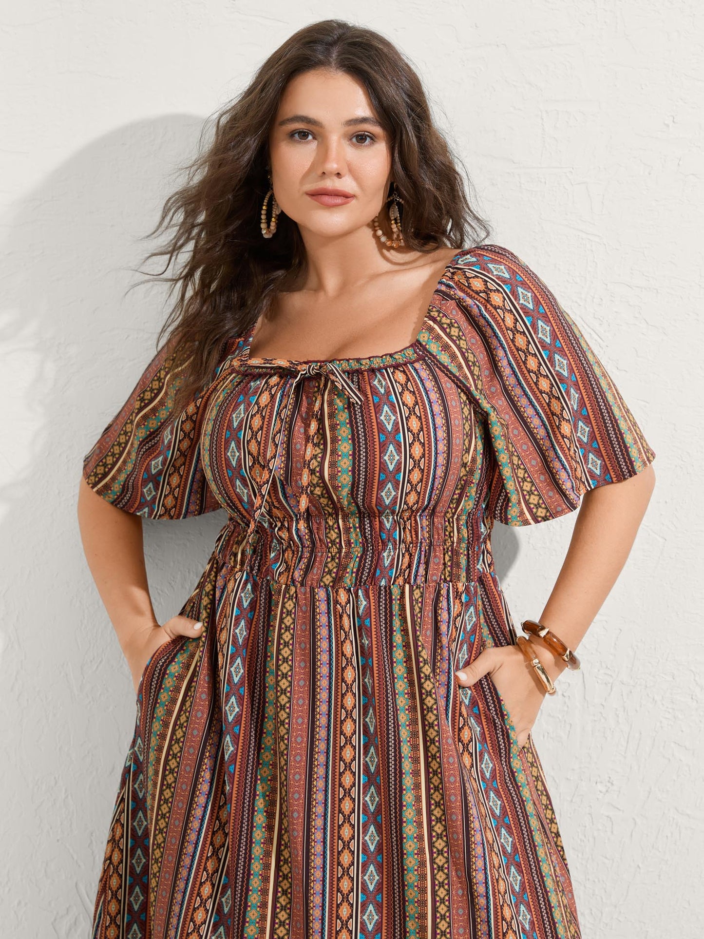 Striped Cinched-Waist Midi Dress