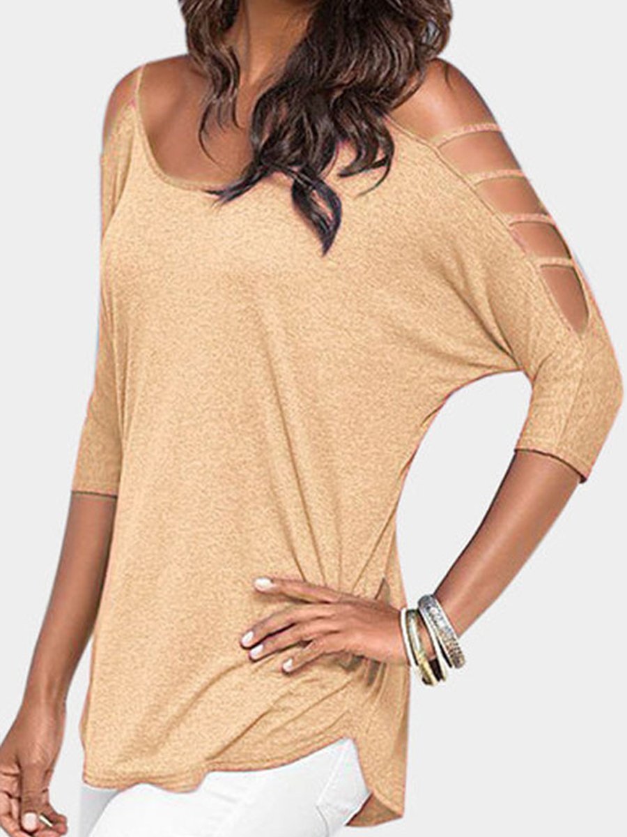 Open Shoulder Round Neck Hollow Out Plain Tops