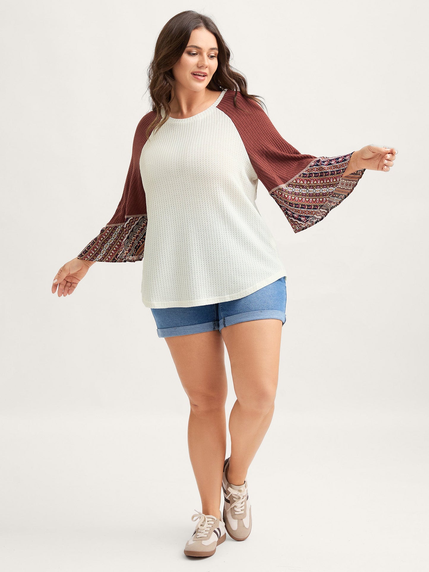 Raglan Sleeve Patchwork Waffle T-Shirt
