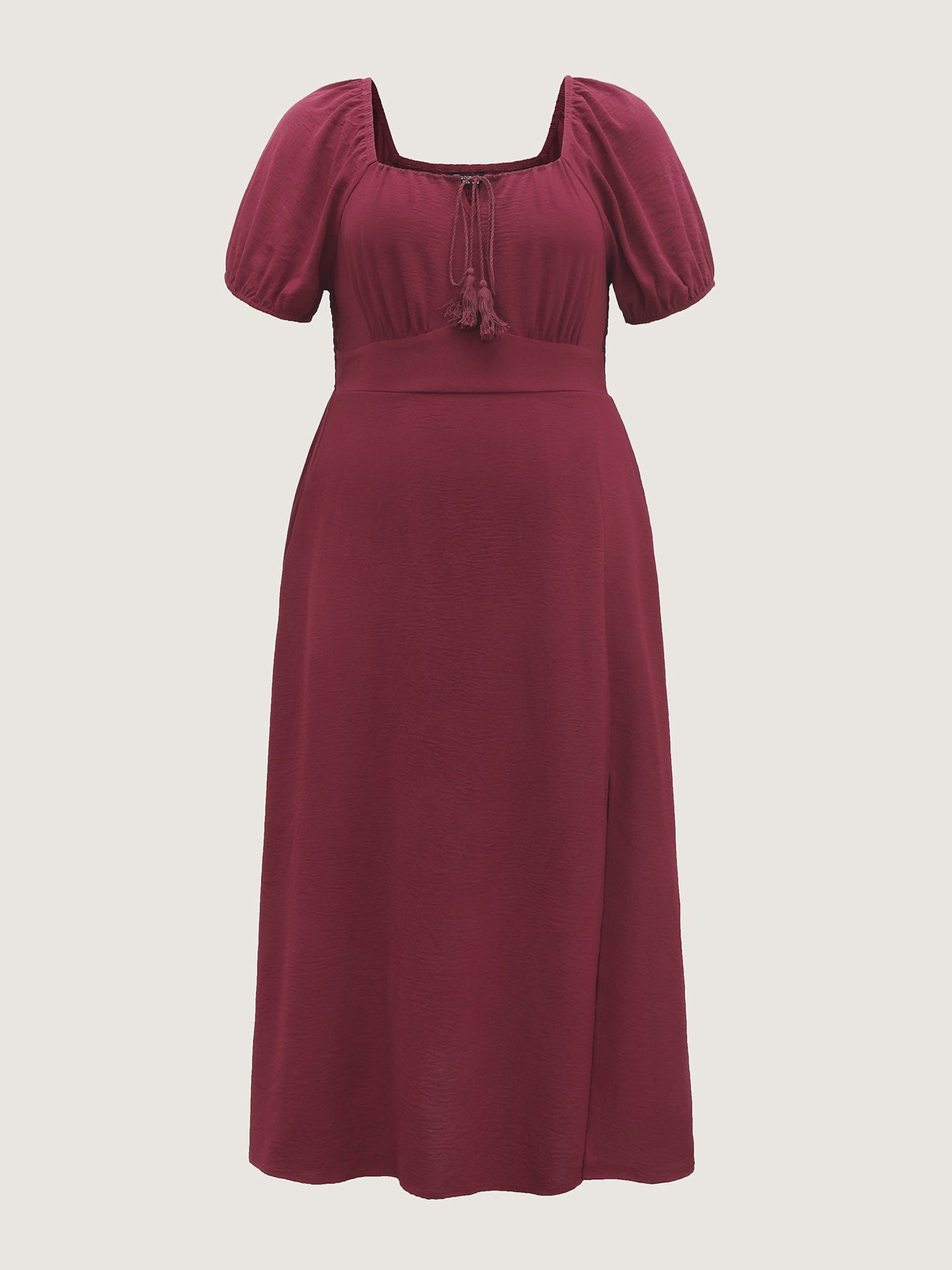 Puff Sleeve Shirred Slit Midi Dress