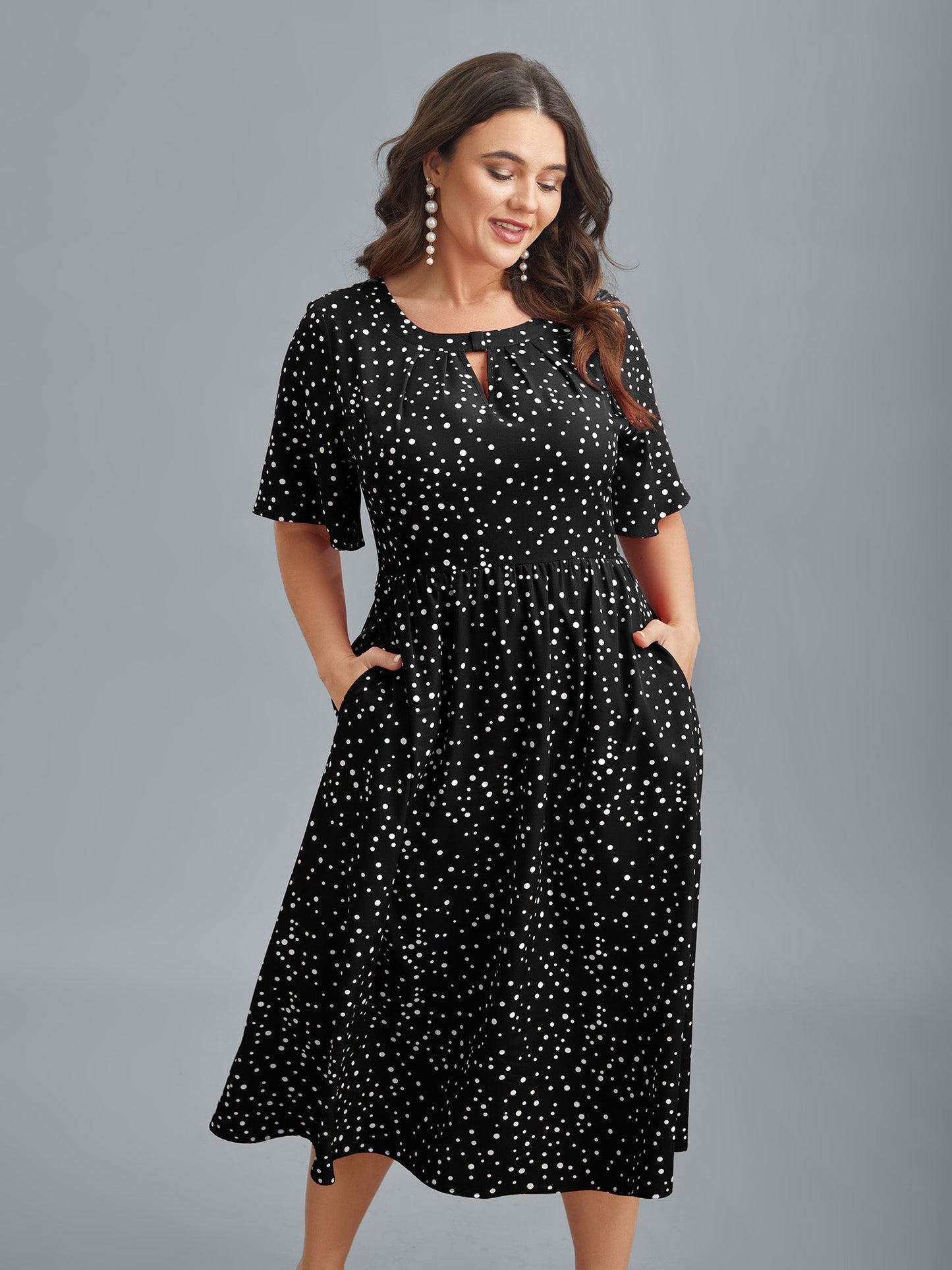 Polka Dots Print Cut-Out Flutter Sleeve Midi Dress