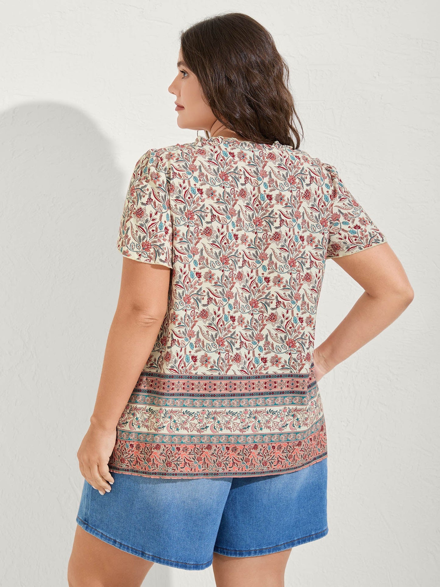 Sheer Lace Ruffled Neck Floral Blouse