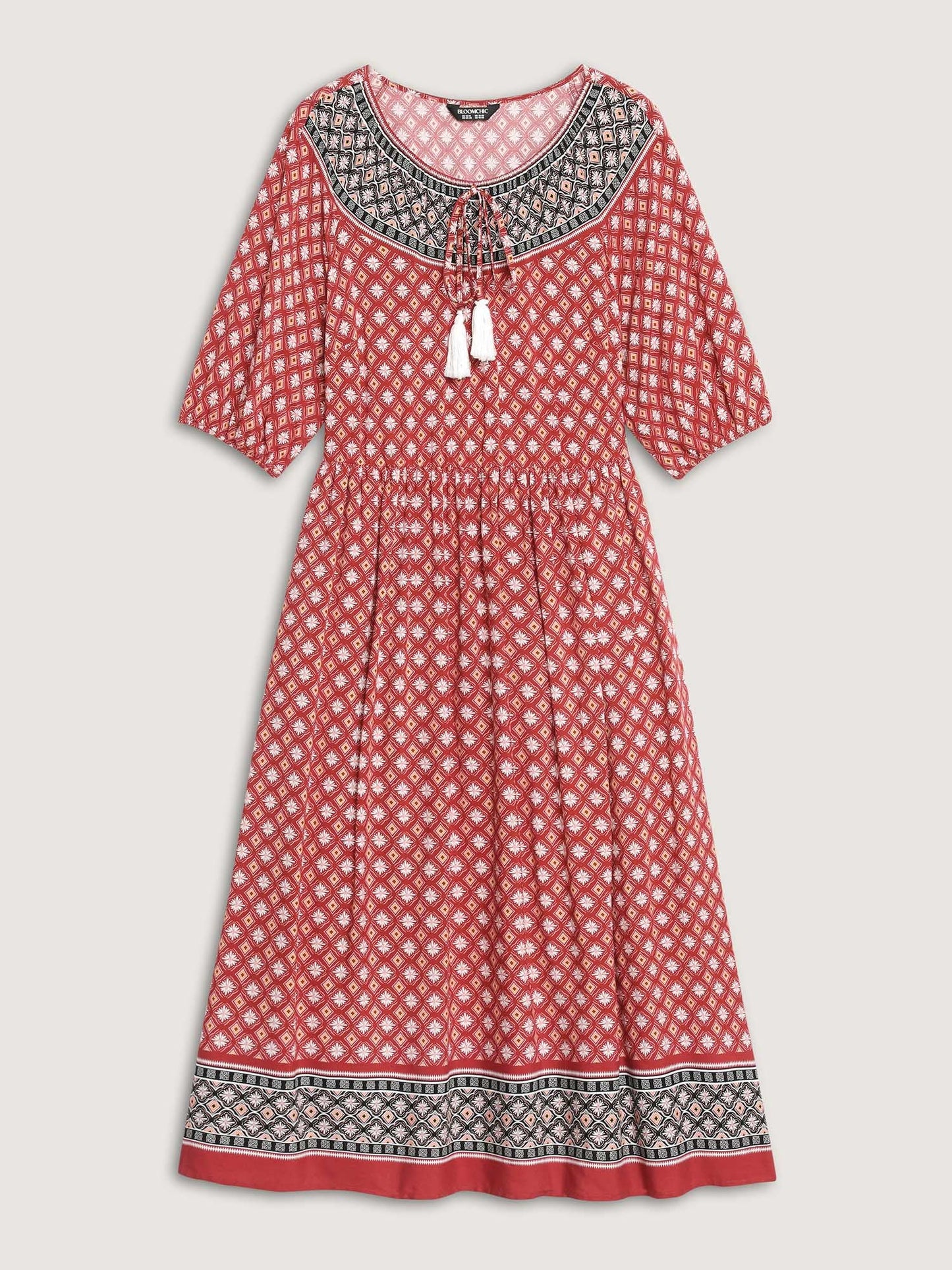 Rayon Boho Print Neck Tie Midi Dress