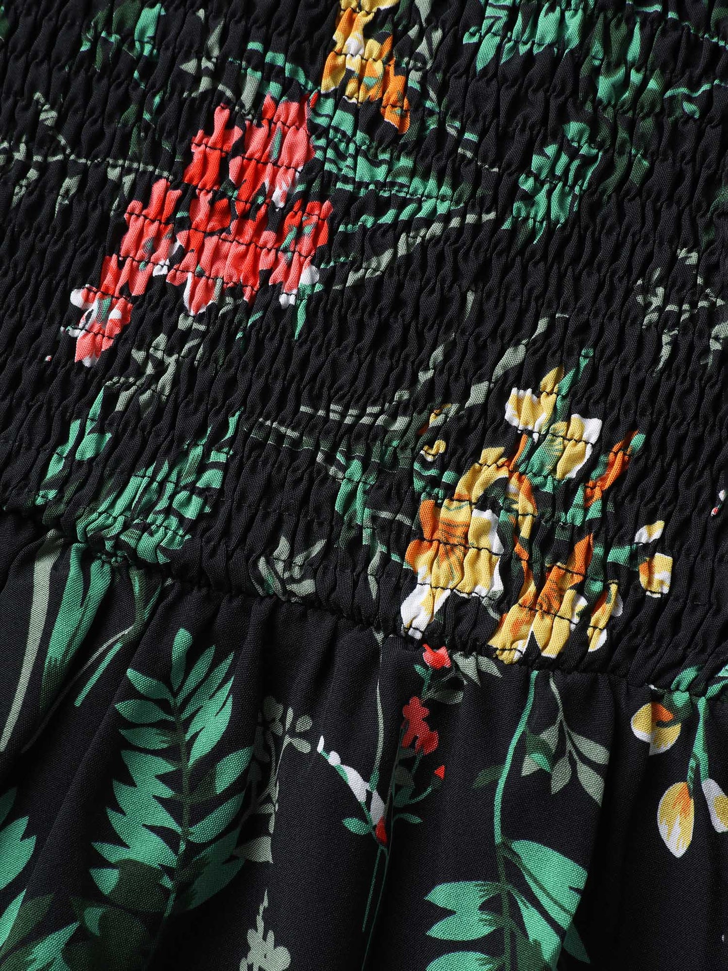 Botanical Print Shirred Bodice Midi Dress