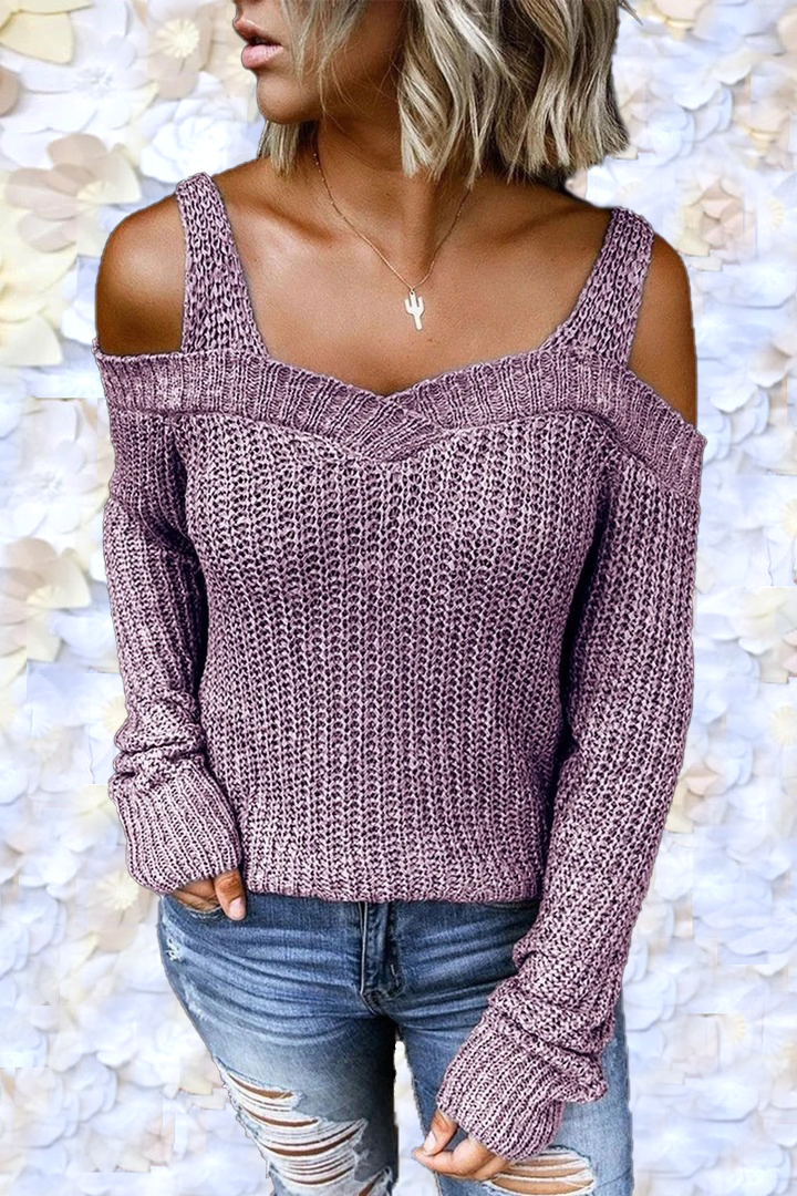 Casual Sling Strapless Solid Color Long Sleeve Sweater