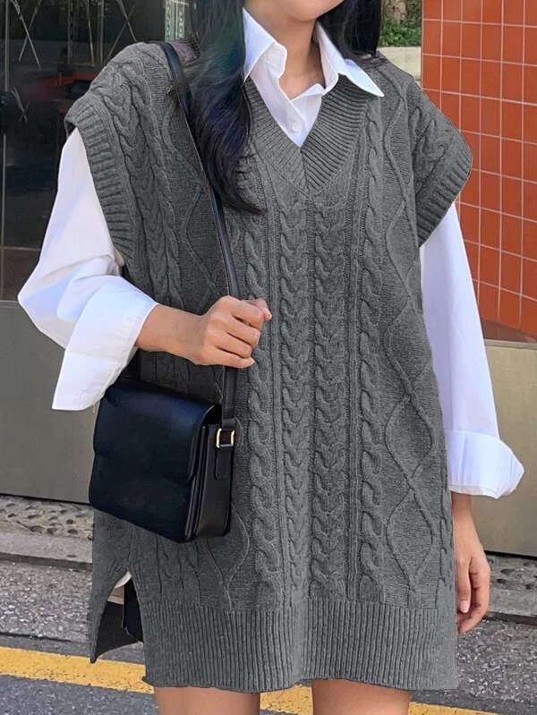 Split Hem Cable Knit Sweater Vest Without Blouse