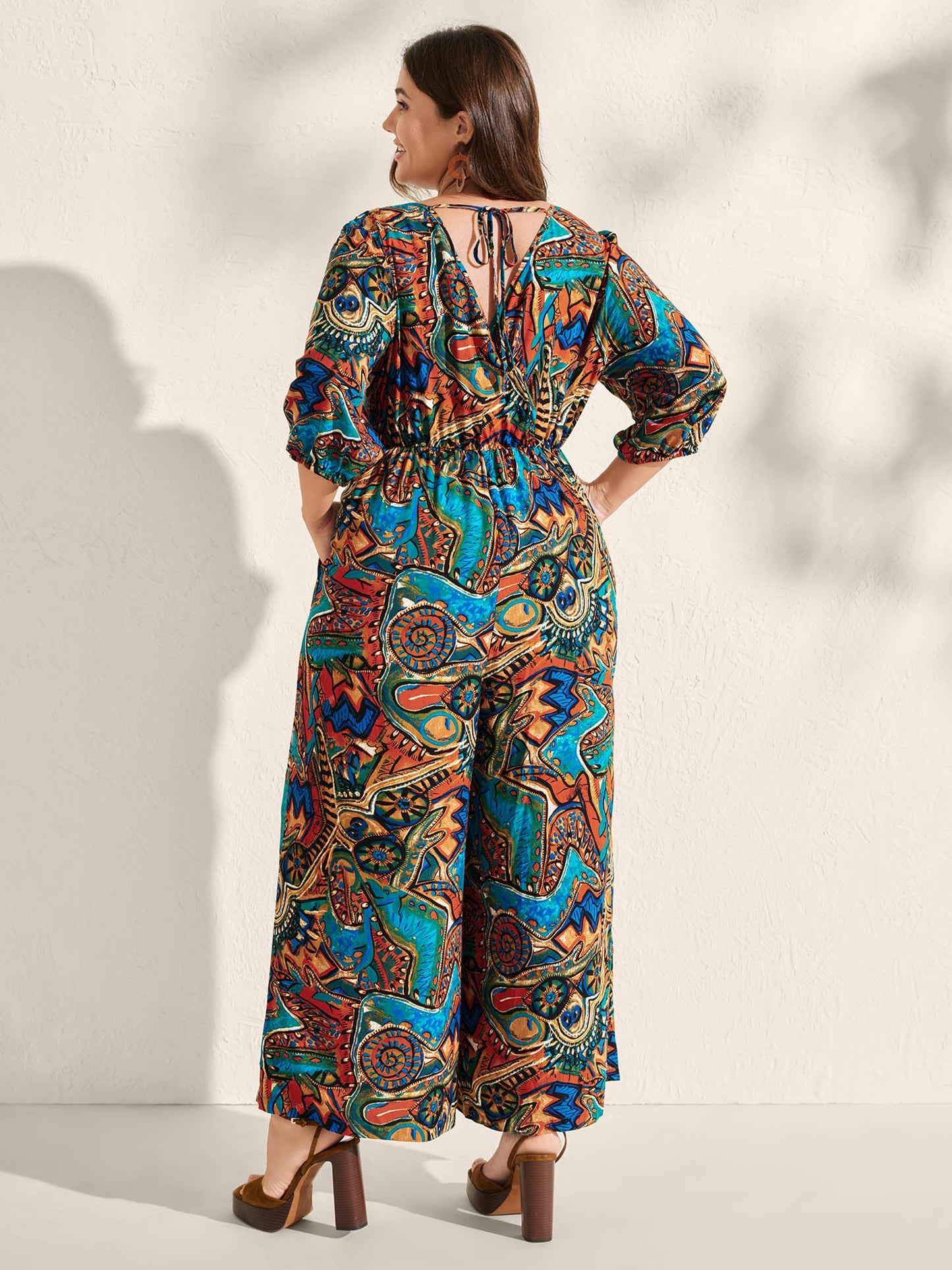 Graffiti Print Pockets Backless Tie Jumpsuit