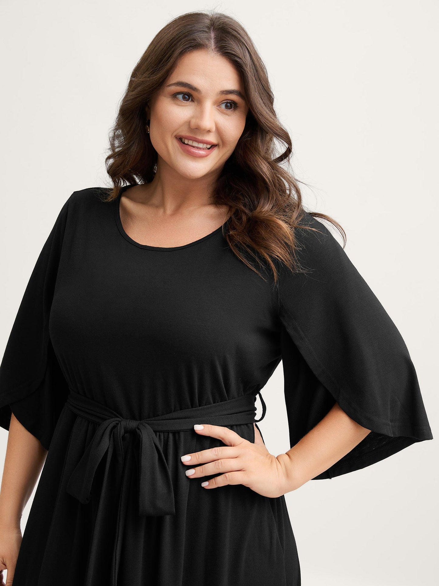 Petal Sleeve Belted Waist-Defining Midi Dress