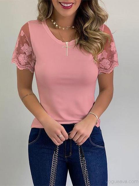 Lace Short Sleeve Casual Tops
