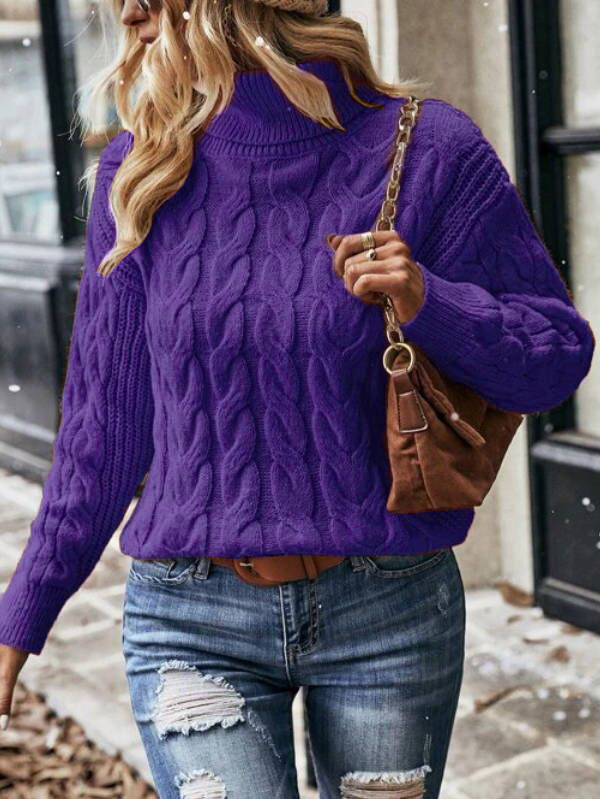Cable Knit Turtleneck Drop Shoulder Sweater