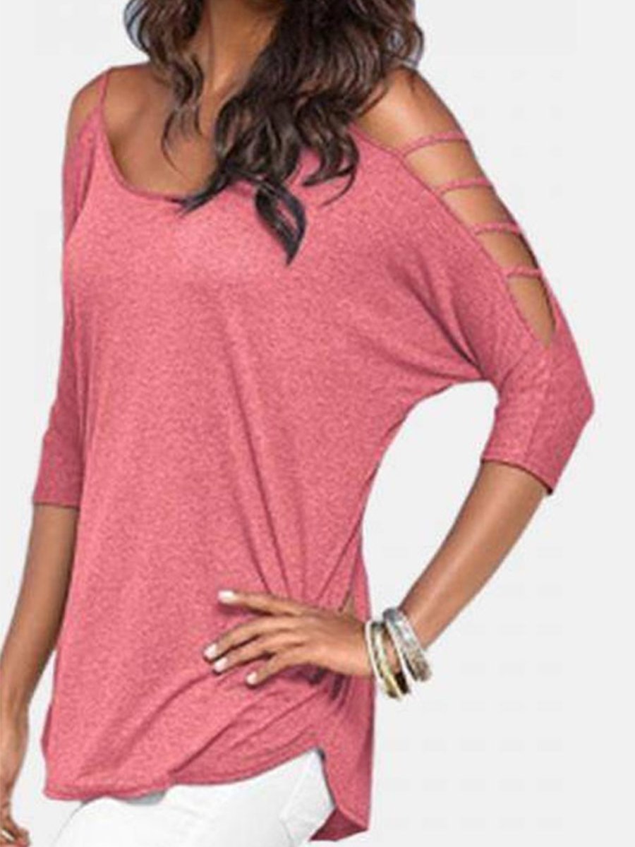 Open Shoulder Round Neck Hollow Out Plain Tops