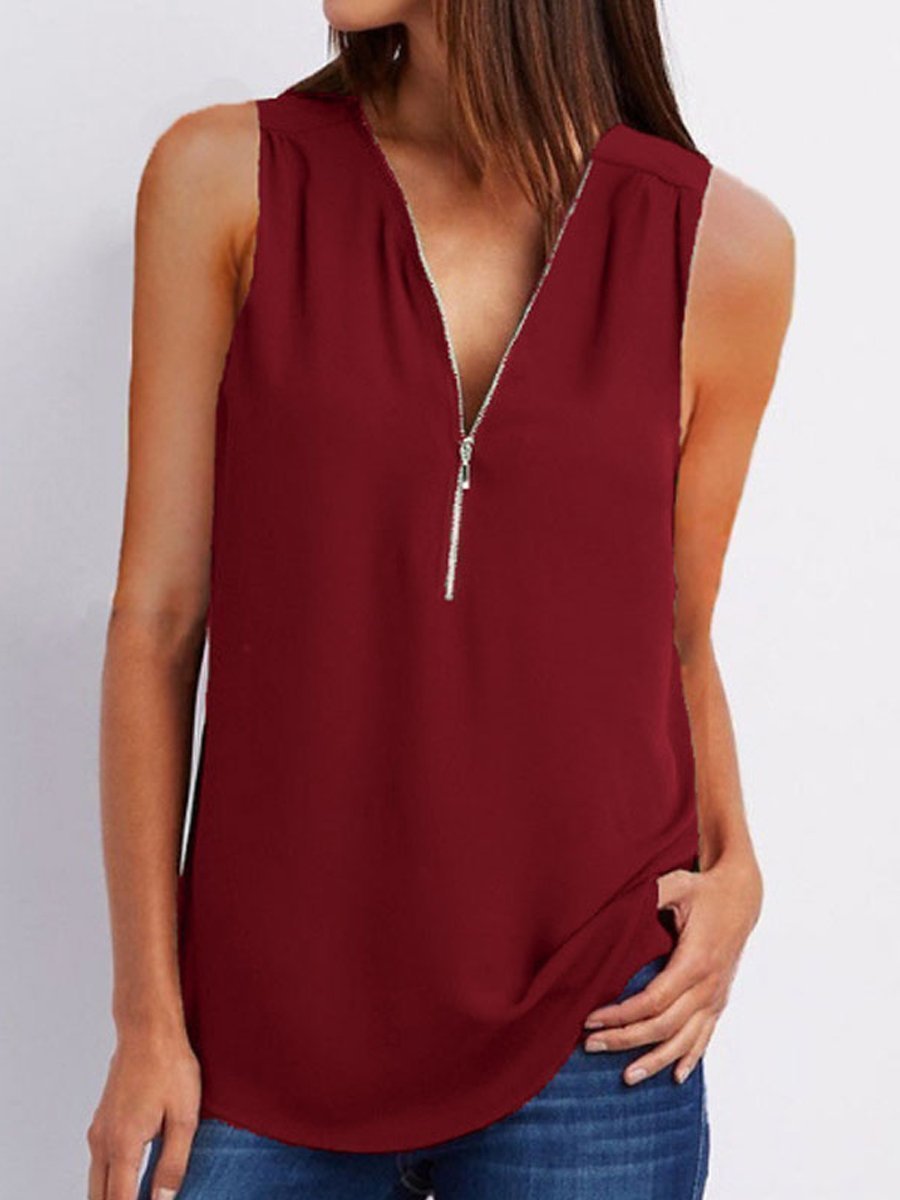 V-Neck Zips Plain Sleeveless Tops