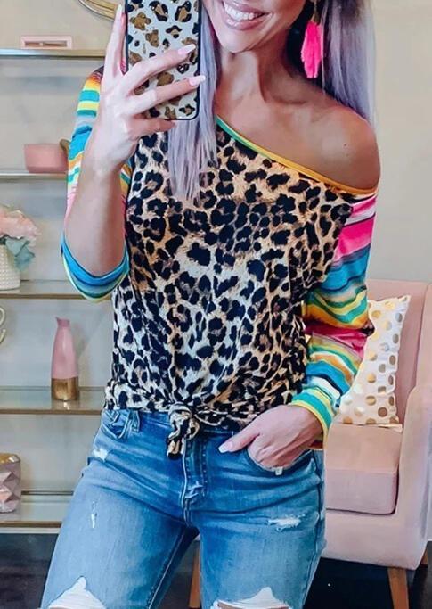 Leopard Printed Neon Splicing Long sleeve T-Shirt Tee