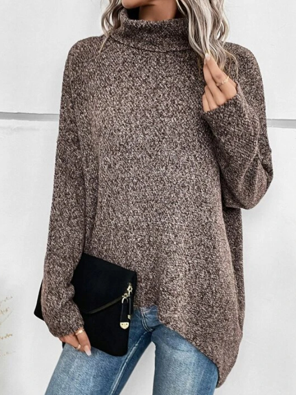 Turtleneck Batwing Sleeve Asymmetrical Hem Sweater