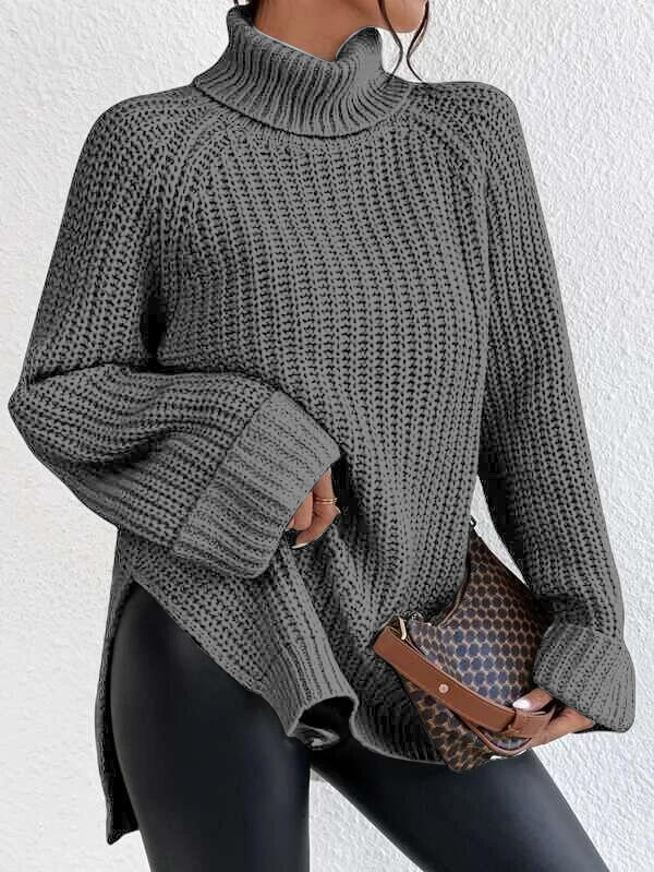 Turtleneck Raglan Sleeve Split Hem Sweater