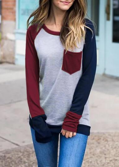 Color Block Pocket Long Sleeve Baseball T-Shirt Tee