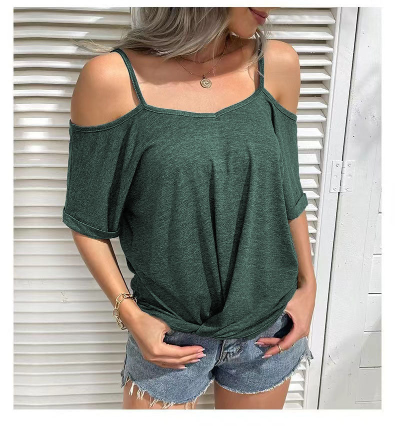 Color Cotton Off Shoulder Short Sleeve Top T-Shirt