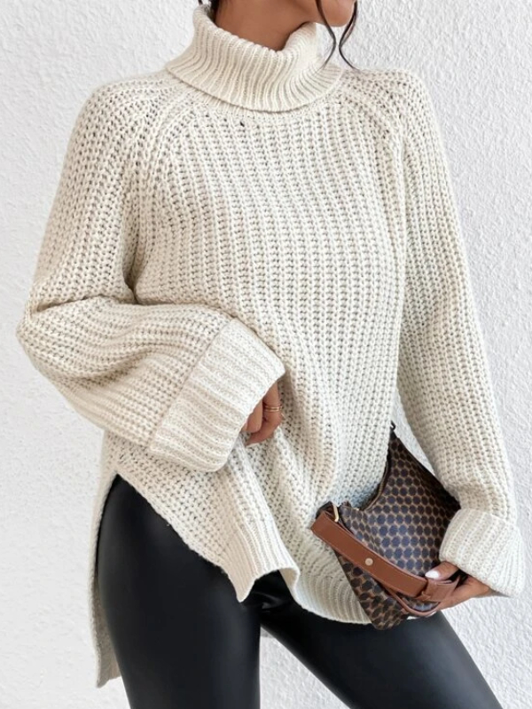 Turtleneck Raglan Sleeve Split Hem Sweater