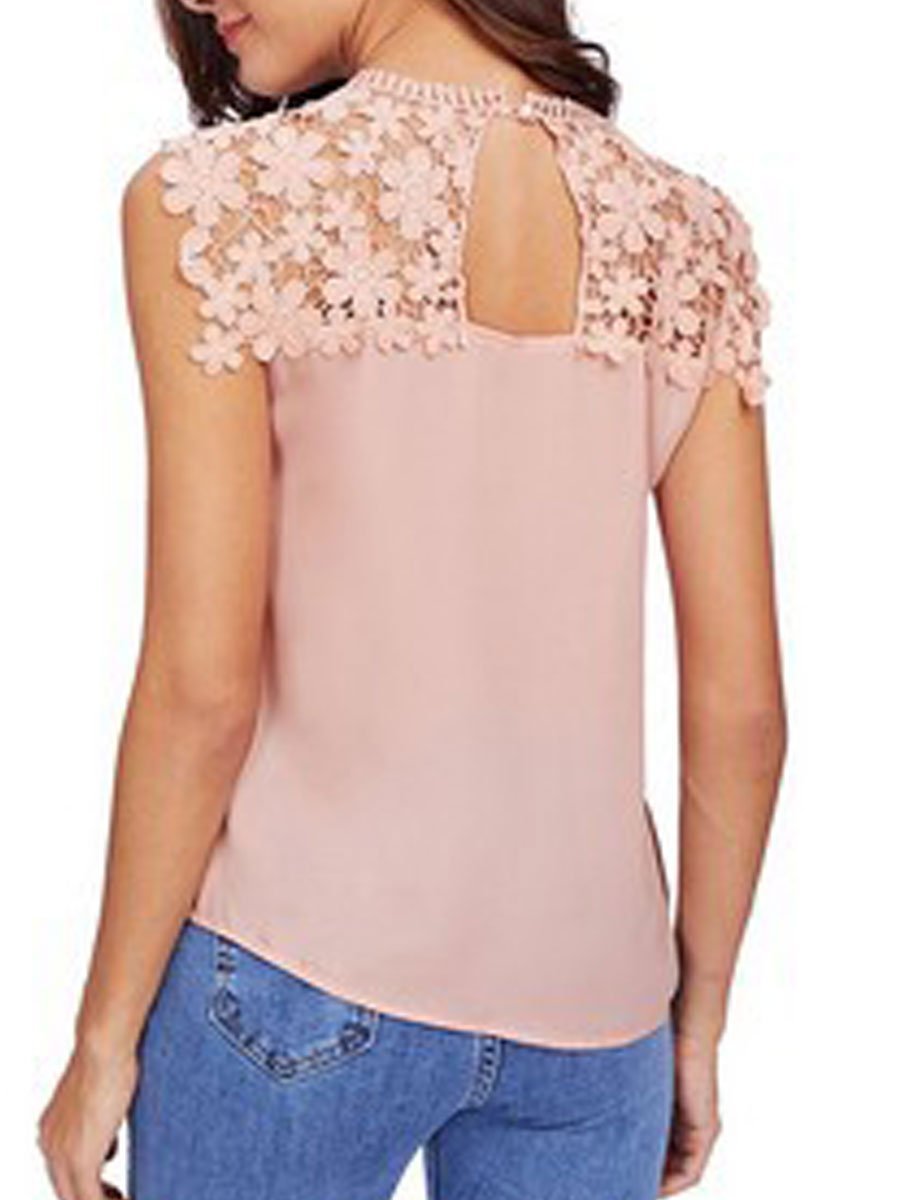 Round Neck Decorative Lace See-Through Tops