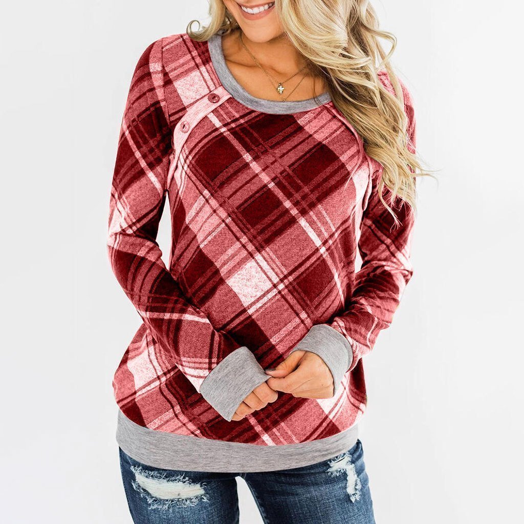Round Collar Button Plaid Long Sleeve T-shirt