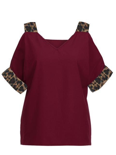 Leopard Print V-neck Cold Shoulder Tops