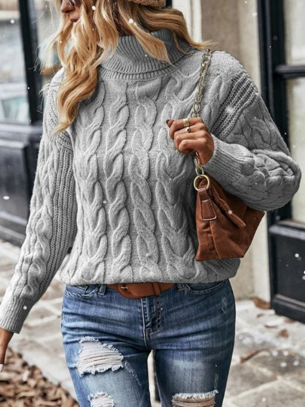 Cable Knit Turtleneck Drop Shoulder Sweater