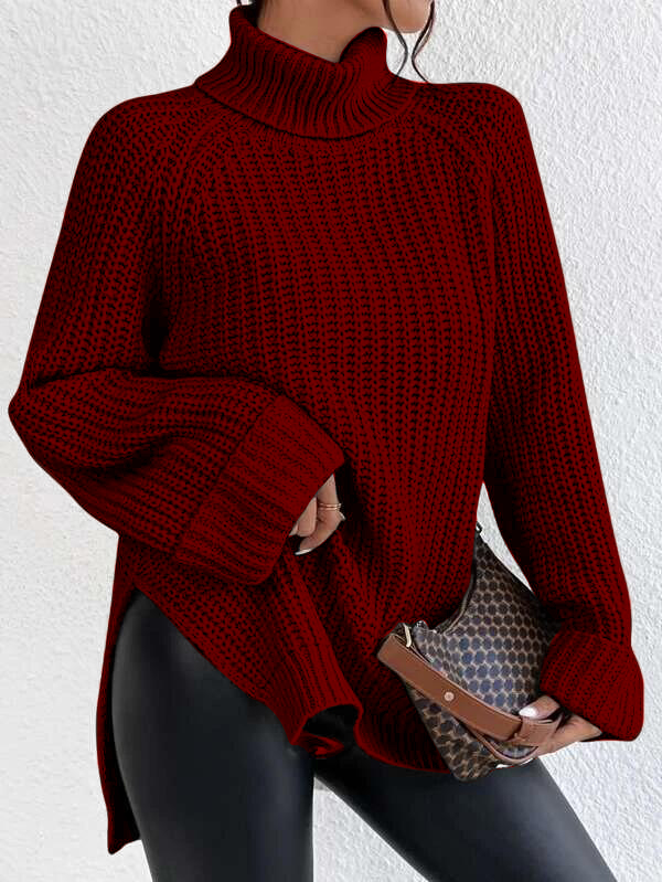 Turtleneck Raglan Sleeve Split Hem Sweater