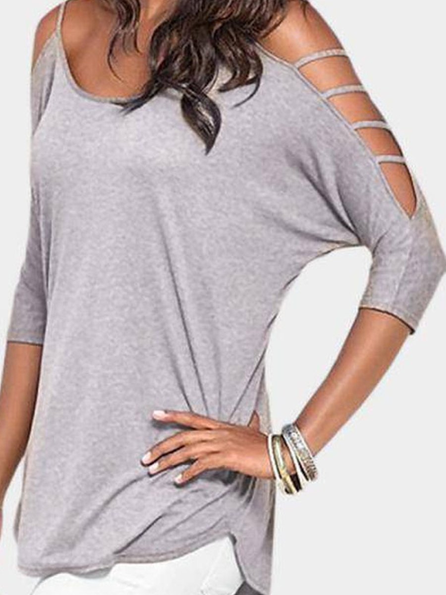 Open Shoulder Round Neck Hollow Out Plain Tops