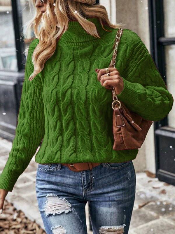 Cable Knit Turtleneck Drop Shoulder Sweater