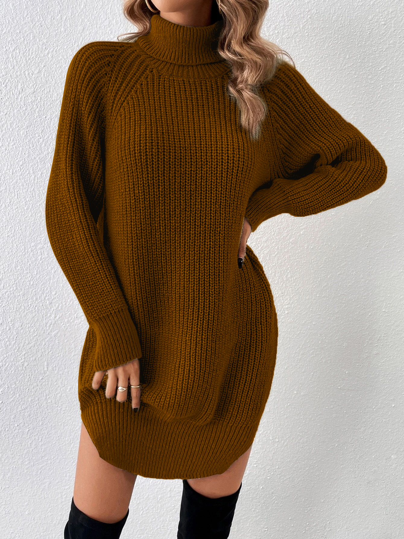 Turtleneck Raglan Sleeve Curved Hem Sweater Dress Without Belt