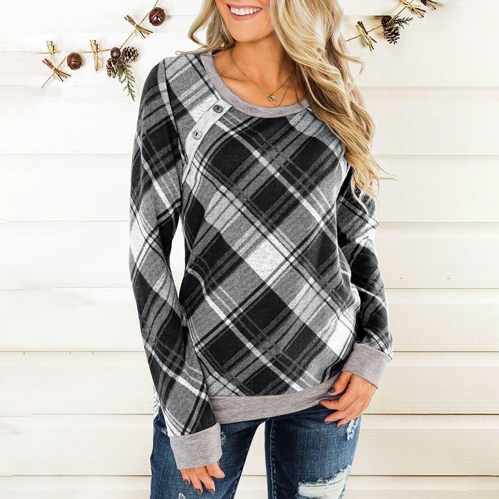 Round Collar Button Plaid Long Sleeve T-shirt