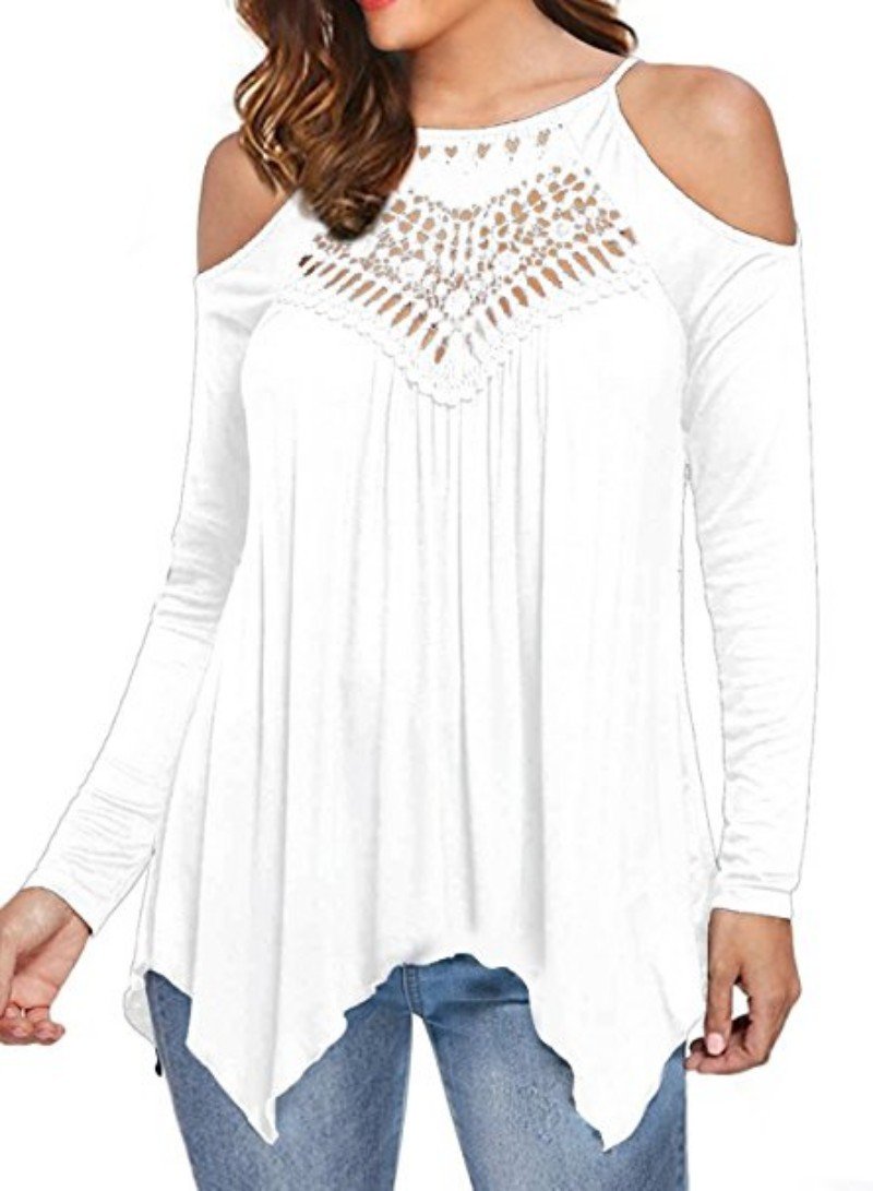 Solid Patchwork Lace Cold Shoulder Long Sleeves Tops