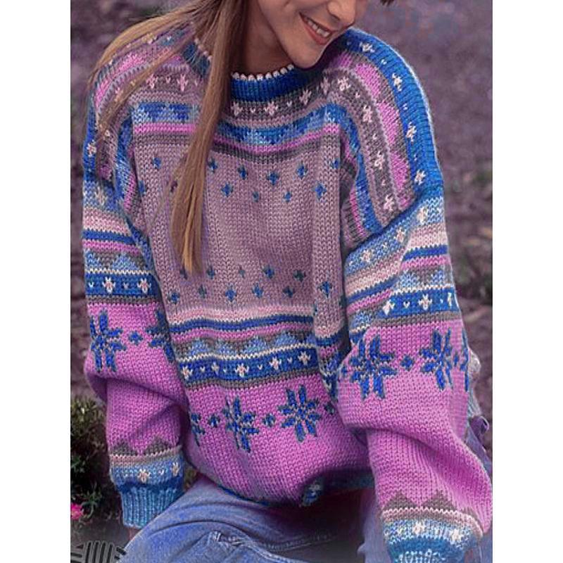 Printed Stitching Round Neck Sweater