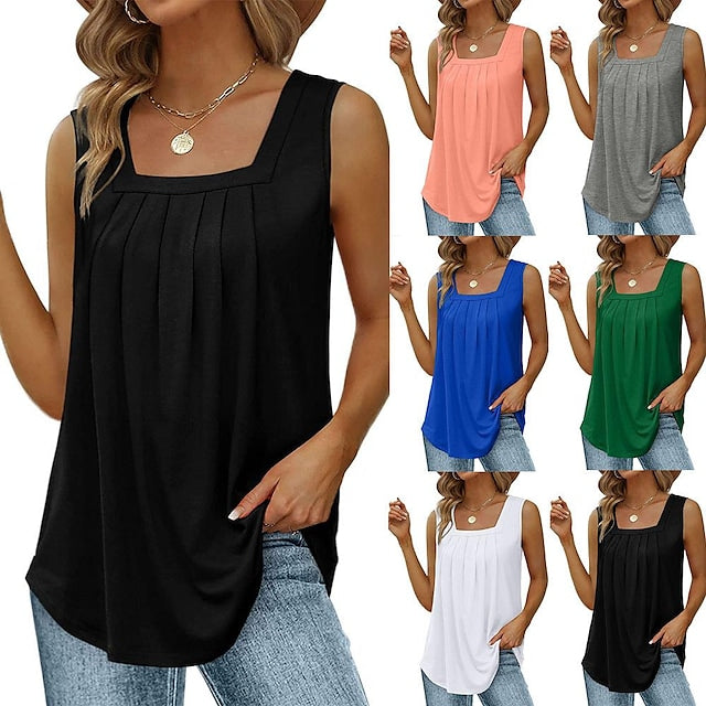 Women's Tank Pleated Solid / Plain Color Basic Square Neck Sleeveless Summer Wine Red Black White Light Green Pink