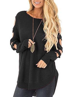 Solid Color Long Sleeve Knitted Hollow Sweater