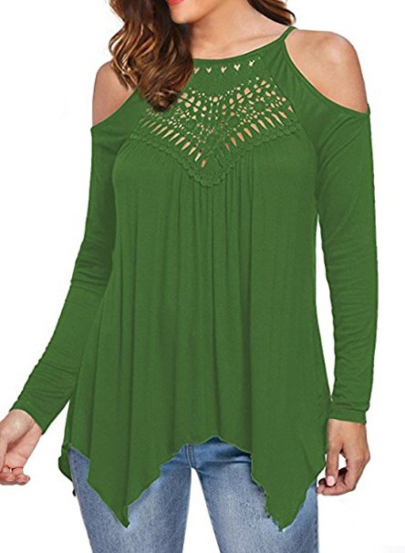 Solid Patchwork Lace Cold Shoulder Long Sleeves Tops
