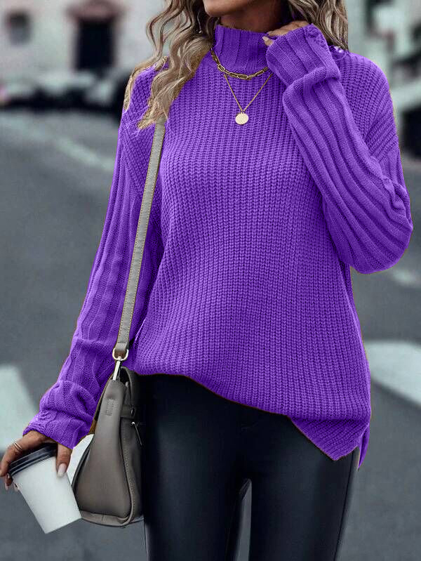 Mock Neck Split Hem Drop Shoulder Distressed Sweater
