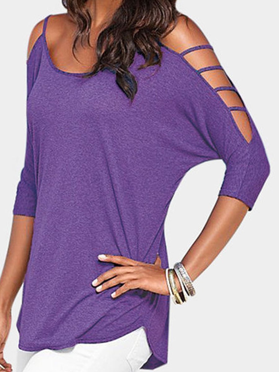 Open Shoulder Round Neck Hollow Out Plain Tops