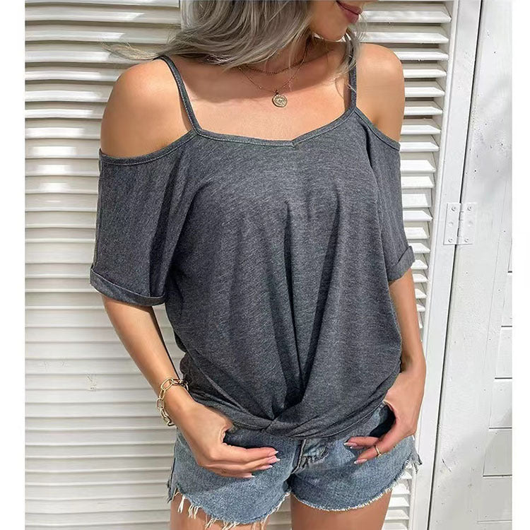 Color Cotton Off Shoulder Short Sleeve Top T-Shirt