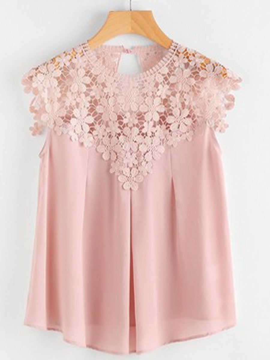 Round Neck Decorative Lace See-Through Tops