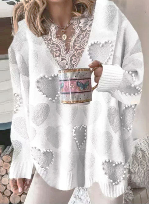 V-Neckline Geometric Casual Regular Lace Sweaters
