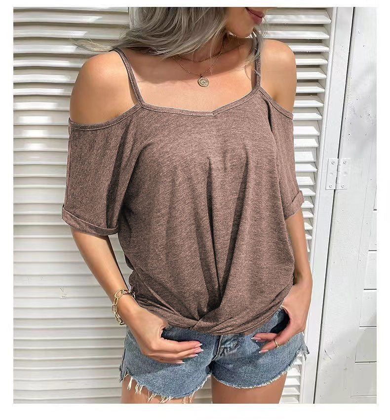 Color Cotton Off Shoulder Short Sleeve Top T-Shirt