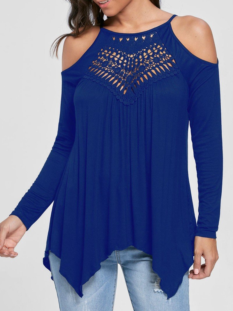 Solid Patchwork Lace Cold Shoulder Long Sleeves Tops