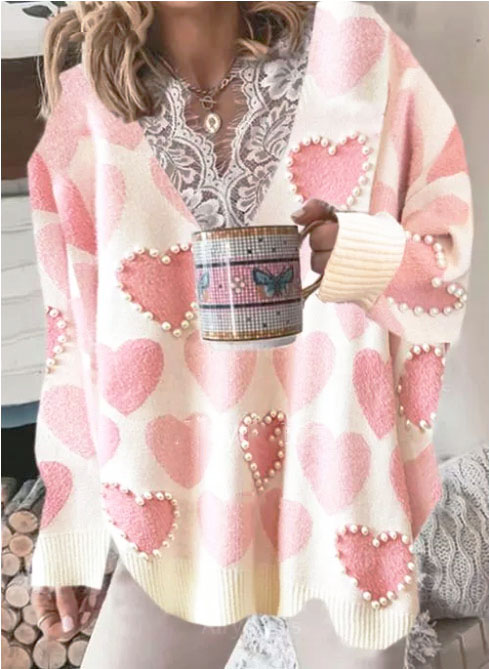 V-Neckline Geometric Casual Regular Lace Sweaters