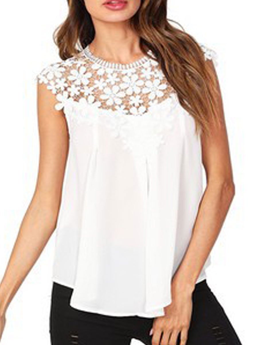 Round Neck Decorative Lace See-Through Tops