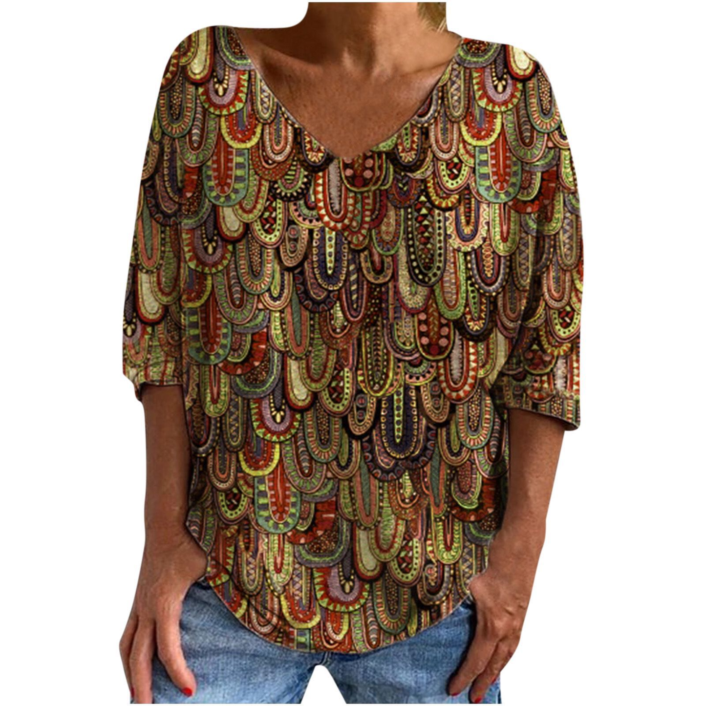 Casual V Neck Mid Sleeve Loose Pullover Retro Print Women's T-Shirt