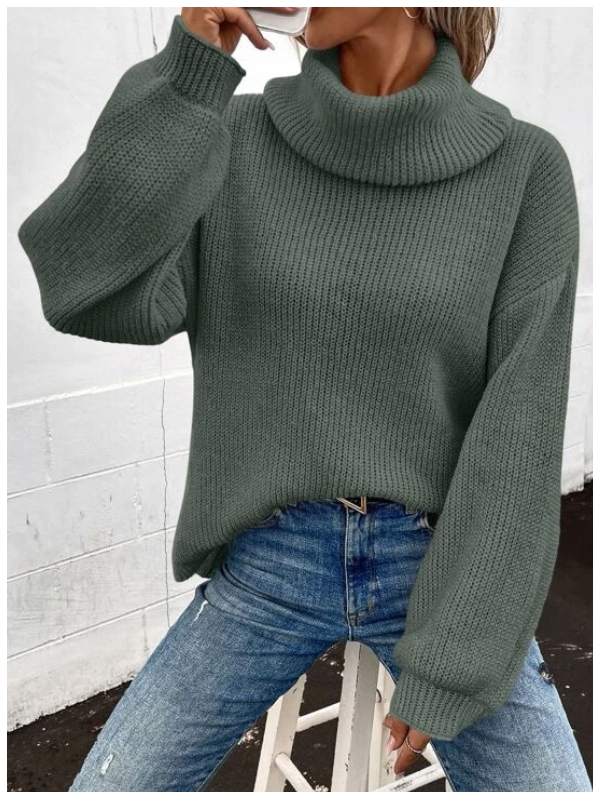 Turtleneck Bishop Sleeve Ribbed Knit Sweater
