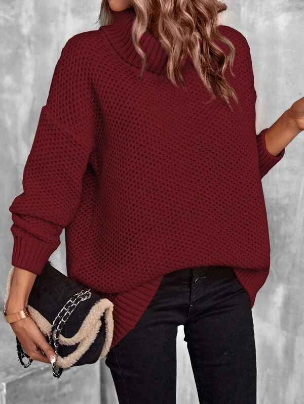 Turtleneck Drop Shoulder Pointelle Knit Sweater